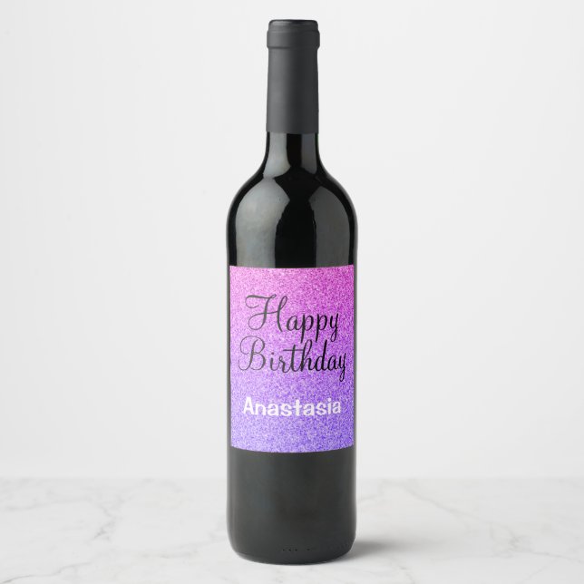 Glam Happy Birthday Ombre Purple Glitter Sparkles Wine Label (Front)