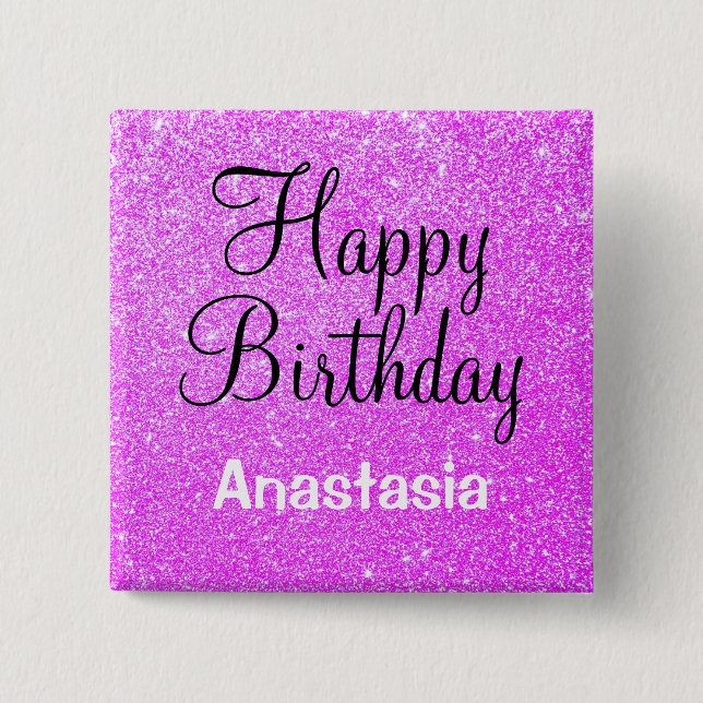 Glam Happy Birthday Purple Glitter Sparkle Name 15 Cm Square Badge (Front)