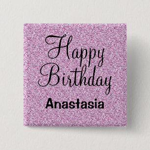 Glam Happy Birthday Purple Glitter Sparkle Name 15 Cm Square Badge