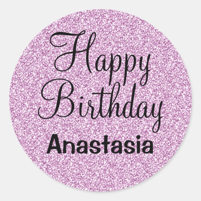 Glam Happy Birthday Purple Glitter Sparkle Name Classic Round Sticker (Front)