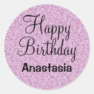 Glam Happy Birthday Purple Glitter Sparkle Name Classic Round Sticker