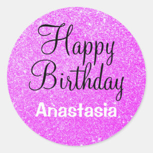 Glam Happy Birthday Purple Glitter Sparkle Name Classic Round Sticker