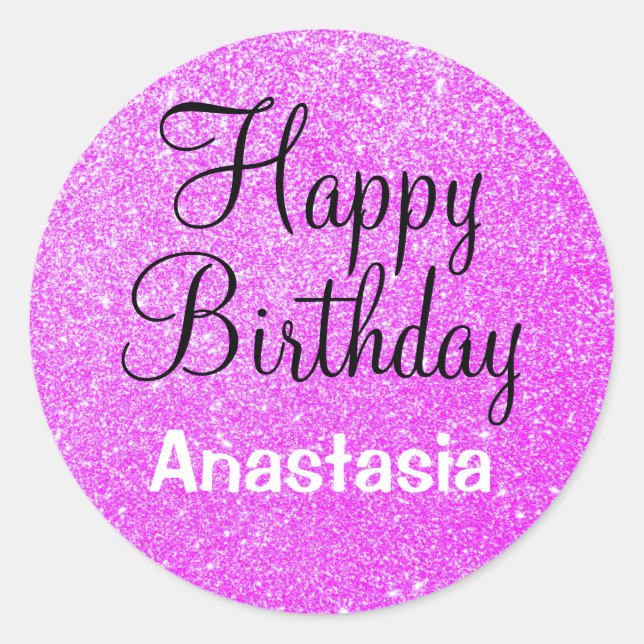 Glam Happy Birthday Purple Glitter Sparkle Name Classic Round Sticker (Front)