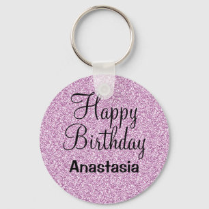 Glam Happy Birthday Purple Glitter Sparkle Name Key Ring