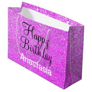 Glam Happy Birthday Purple Glitter Sparkle Name Large Gift Bag