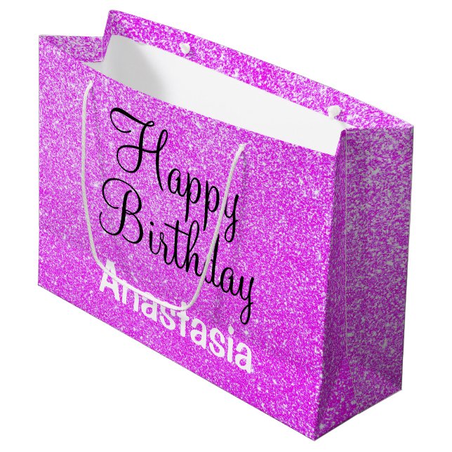 Glam Happy Birthday Purple Glitter Sparkle Name Large Gift Bag (Front Angled)