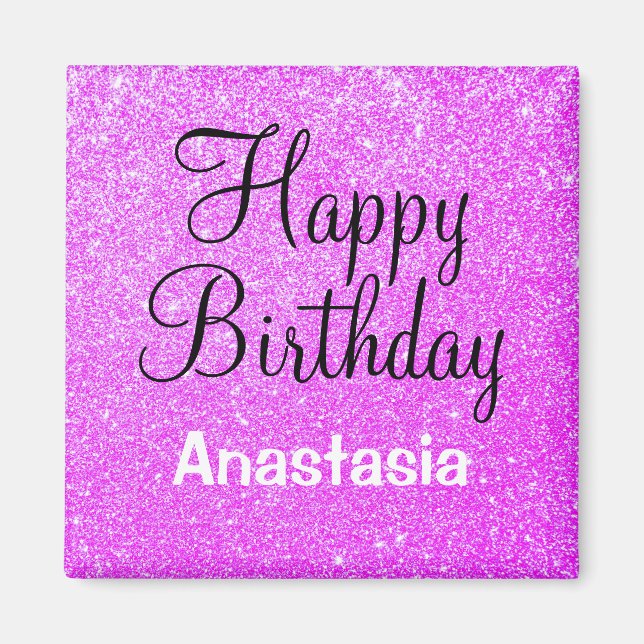 Glam Happy Birthday Purple Glitter Sparkle Name Magnet (Front)