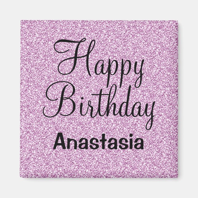 Glam Happy Birthday Purple Glitter Sparkle Name Magnet (Front)
