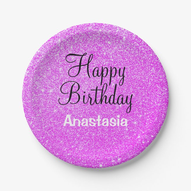 Glam Happy Birthday Purple Glitter Sparkle Name Paper Plate (Front)