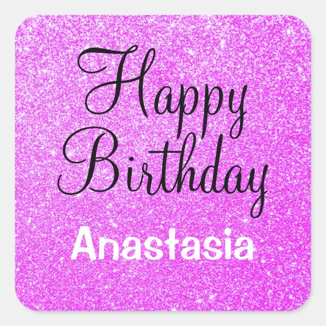 Glam Happy Birthday Purple Glitter Sparkle Name Square Sticker (Front)