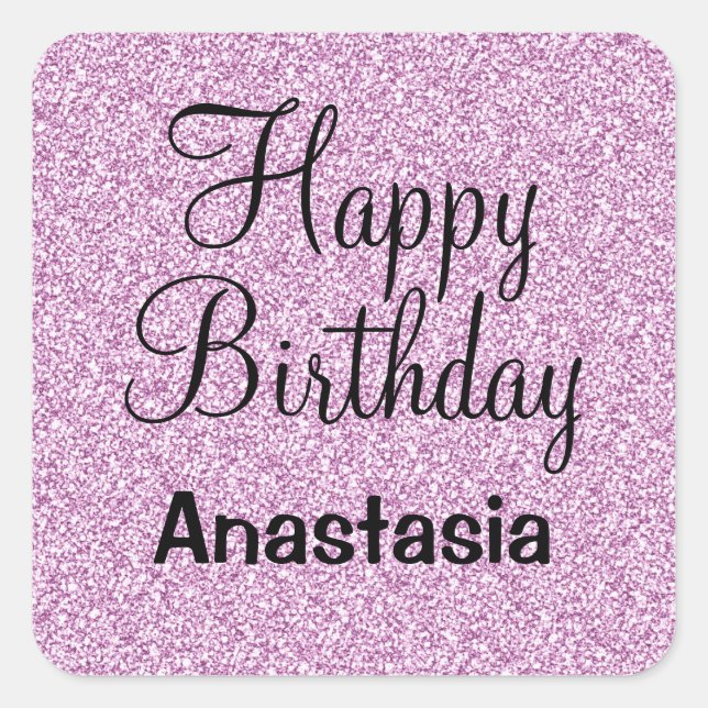 Glam Happy Birthday Purple Glitter Sparkle Name Square Sticker (Front)