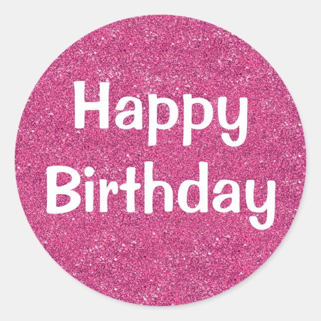 Glam Happy Birthday White Purple Glitter Sparkles Classic Round Sticker (Front)