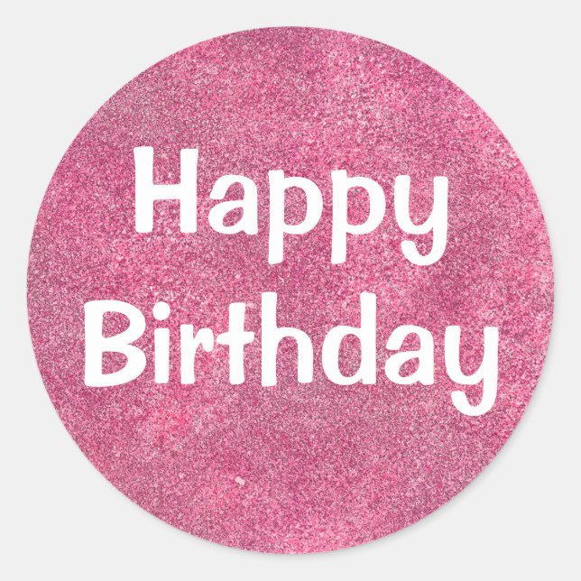 Glam Happy Birthday White Purple Glitter Sparkles Classic Round Sticker (Front)