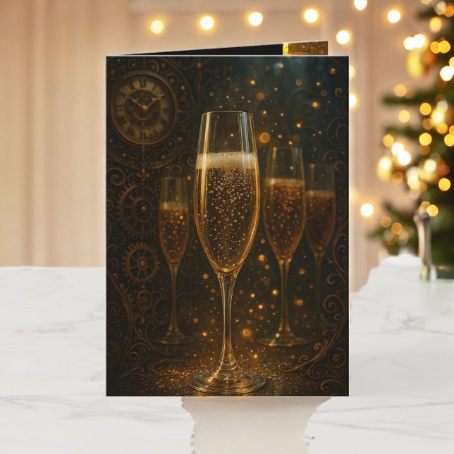 Glam Happy New Year Steampunk Champagne  Holiday Card (Creator Uploaded)