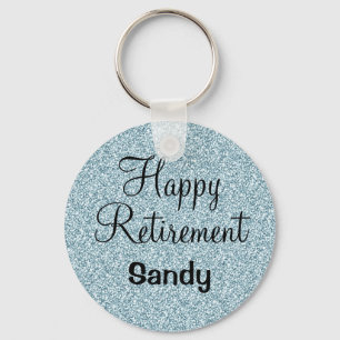 Glam Happy Retirement Blue Silver Glitter Sparkles Key Ring