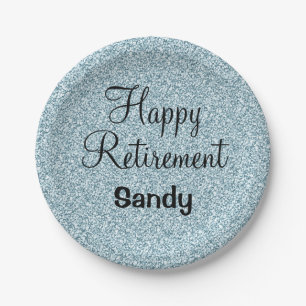 Glam Happy Retirement Blue Silver Glitter Sparkles Paper Plate