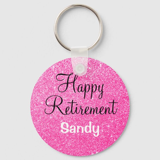 Glam Happy Retirement Hot Pink Glitter Sparkle Key Ring (Front)