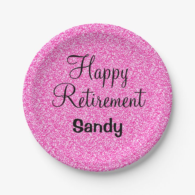 Glam Happy Retirement Hot Pink Glitter Sparkle Paper Plate (Front)