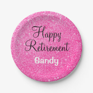 Glam Happy Retirement Hot Pink Glitter Sparkle Paper Plate