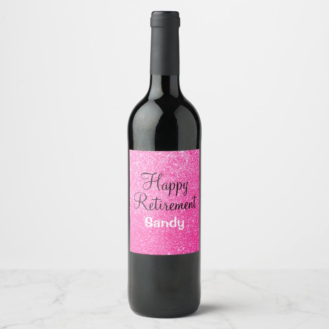 Glam Happy Retirement Hot Pink Glitter Sparkle Wine Label (Front)