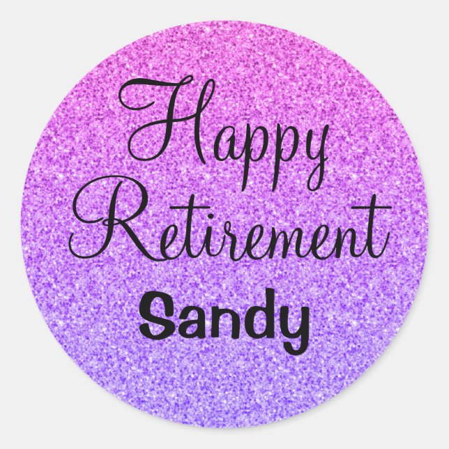 Glam Happy Retirement Ombre Purple Glitter Sparkle Classic Round Sticker (Front)