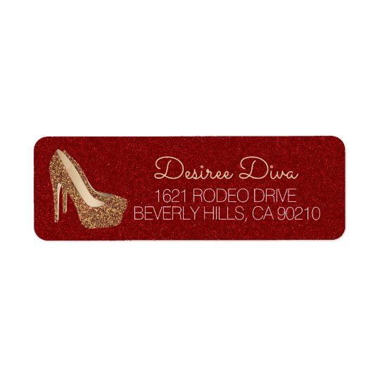 Glam High Heel Shoes | Red Gold Glitter Diva Return Address Label