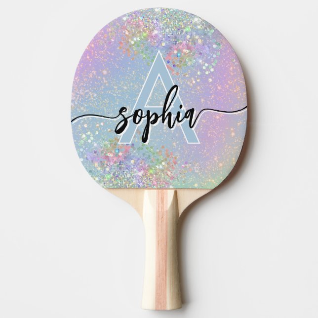 Glam Holographic Glitter Monogram Script Pink  Ping Pong Paddle (Front)