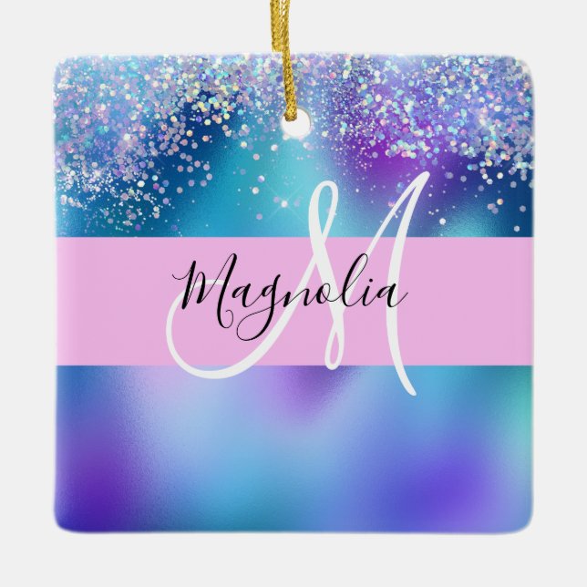 Glam Holographic Mermaid Glitter Sparkle Monogram Ceramic Ornament (Front)