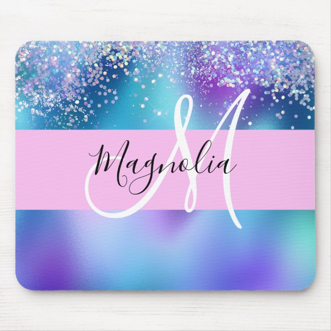 Glam Holographic Mermaid Glitter Sparkle Monogram Mouse Mat (Front)