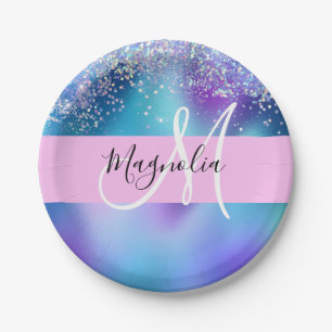 Glam Holographic Mermaid Glitter Sparkle Monogram Paper Plate