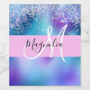 Glam Holographic Mermaid Glitter Sparkle Monogram Wine Label
