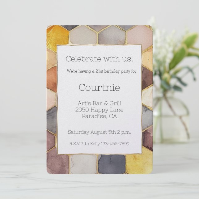 Glam Honey Comb Blush Champagne Abstract Birthday Invitation (Standing Front)