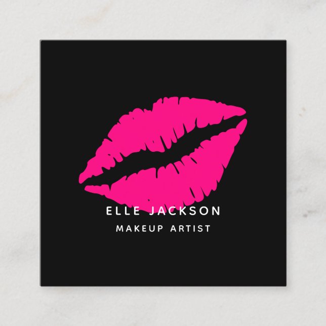 Glam hot pink black lips makeup artist square business card (Front)