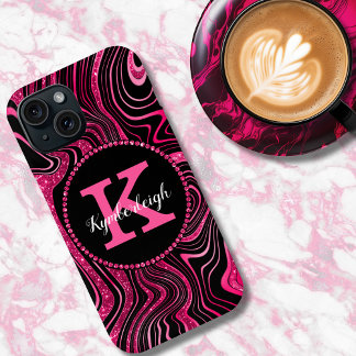 Glam Hot Pink Black Marble Agate Glitter Monogram iPhone 15 Case
