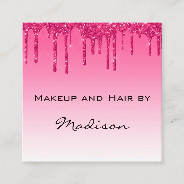 Glam Hot Pink Dripping Glitter Drips Makeup Artist Square Business Card (Front)