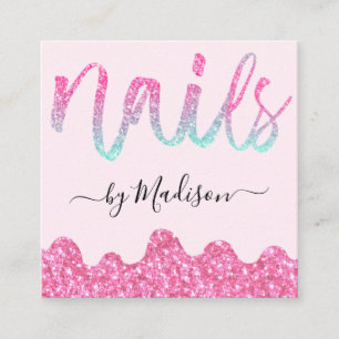 Glam Hot Pink Glitter Drips Nails Manicure Salon Square Business Card