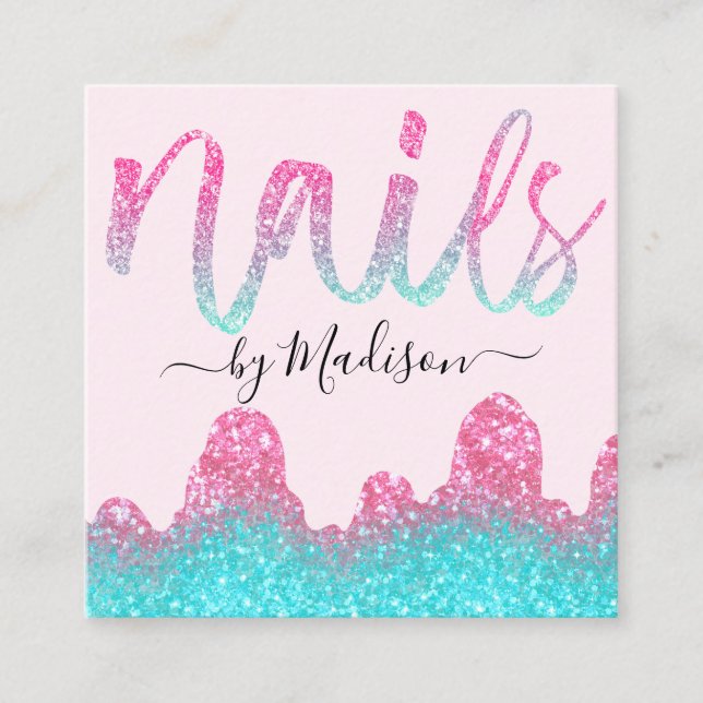 Glam Hot Pink Glitter Drips Nails Manicure Salon Square Business Card (Front)