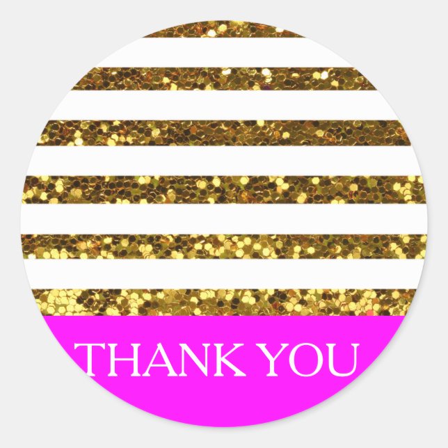 Glam/Hot Pink Gold Sequins Stripes/Personalised Classic Round Sticker (Front)