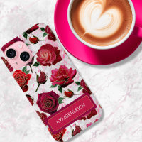 Glam Hot Pink Purple Roses Marble Monogram Name