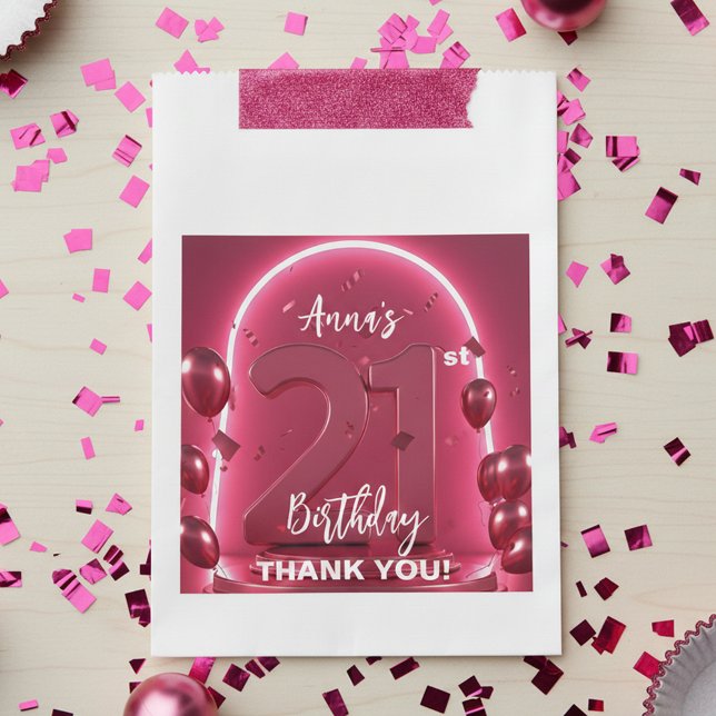 Glam Hot Pink Rose Gold Balloons 21st Birthday Favour Bags (Creator Uploaded)
