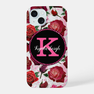 Glam Hot Pink Roses Marble Diamond Monogram Name iPhone 15 Case