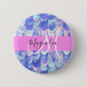 Glam Iridescent Blue Mermaid Scales Name Monogram 6 Cm Round Badge
