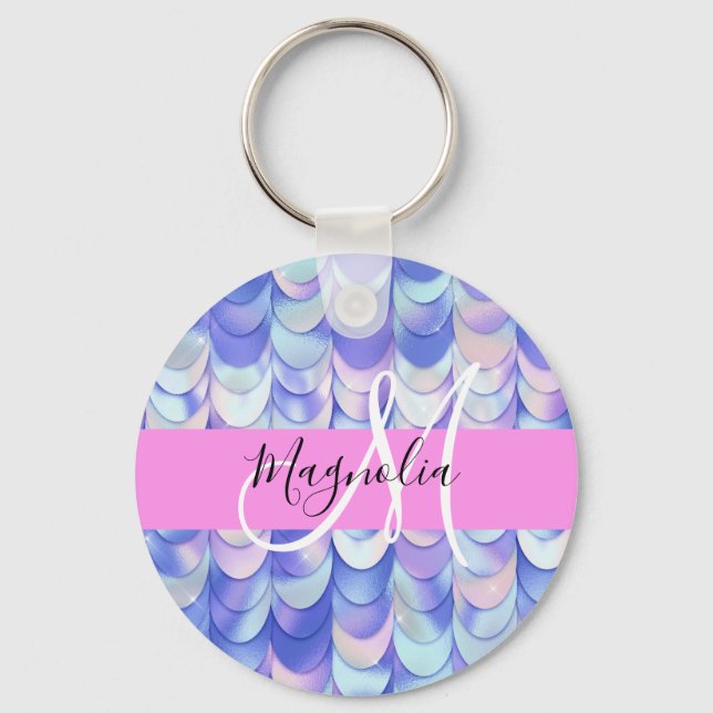 Glam Iridescent Blue Mermaid Scales Name Monogram Key Ring (Front)