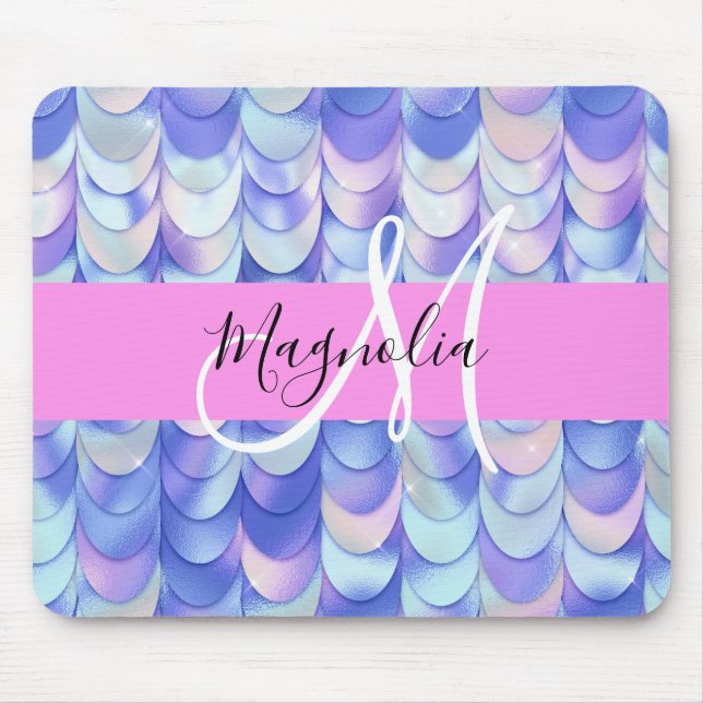 Glam Iridescent Blue Mermaid Scales Name Monogram Mouse Mat (Front)