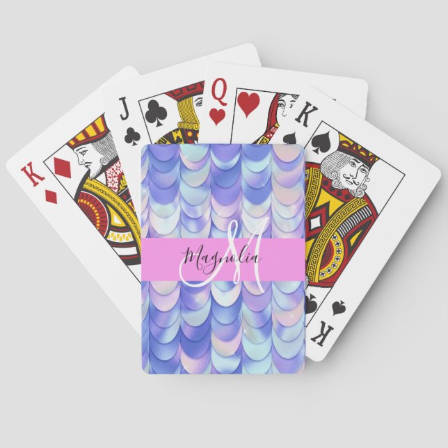 Glam Iridescent Blue Mermaid Scales Name Monogram Playing Cards (Back)