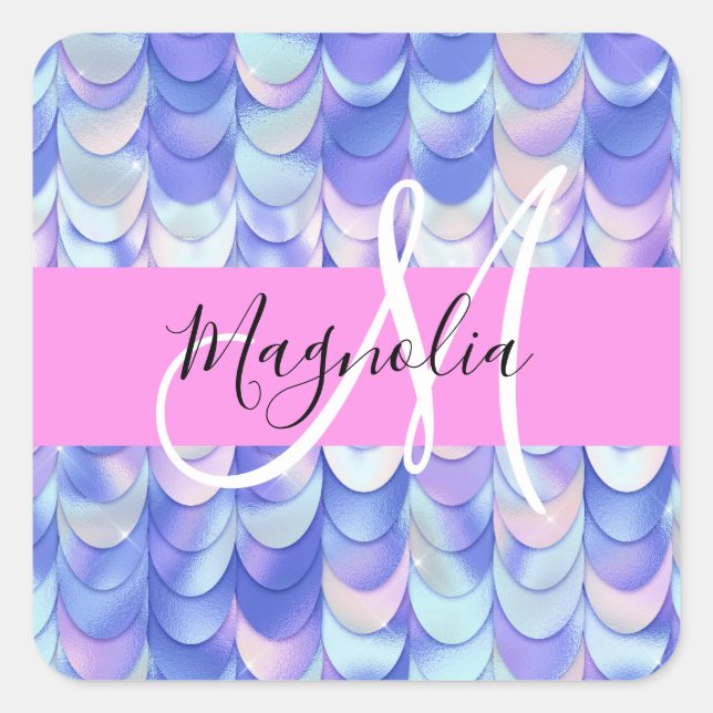 Glam Iridescent Blue Mermaid Scales Name Monogram Square Sticker (Front)