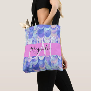 Glam Iridescent Blue Mermaid Scales Name Monogram Tote Bag
