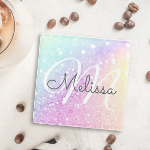 Glam Iridescent Glitter Personalised Colourful Glass Coaster