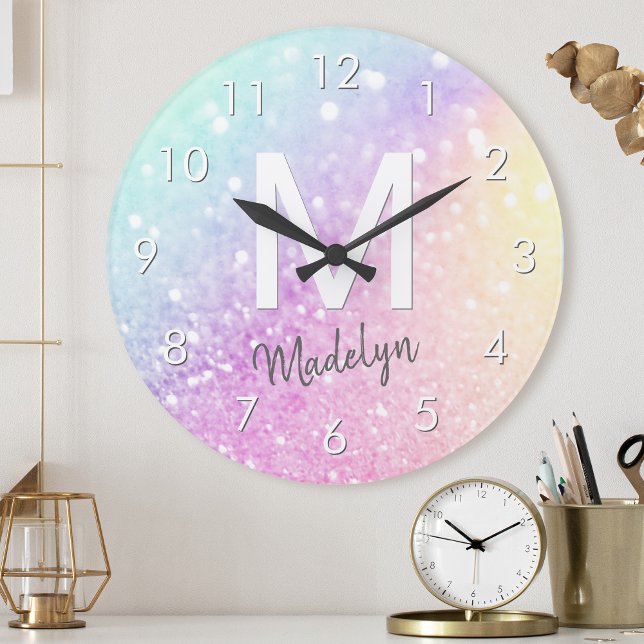 Glam Iridescent Glitter Personalised Colourful Round Clock (Creator Uploaded)