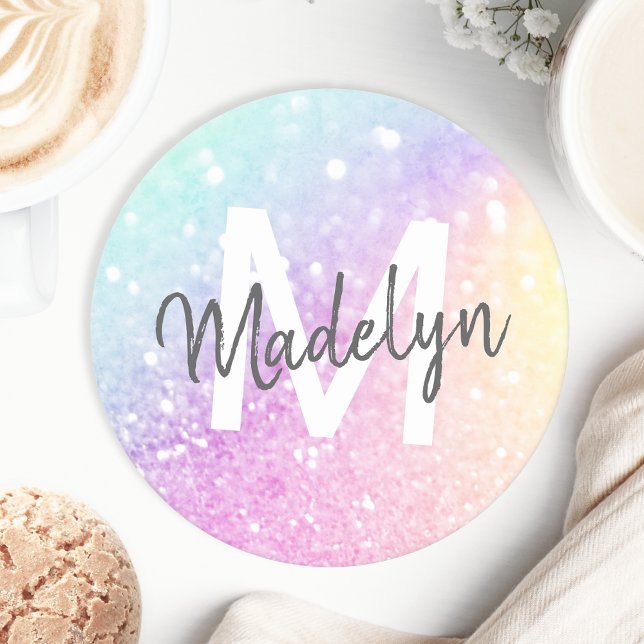 Glam Iridescent Glitter Personalised Colourful Round Paper Coaster (Creator Uploaded)